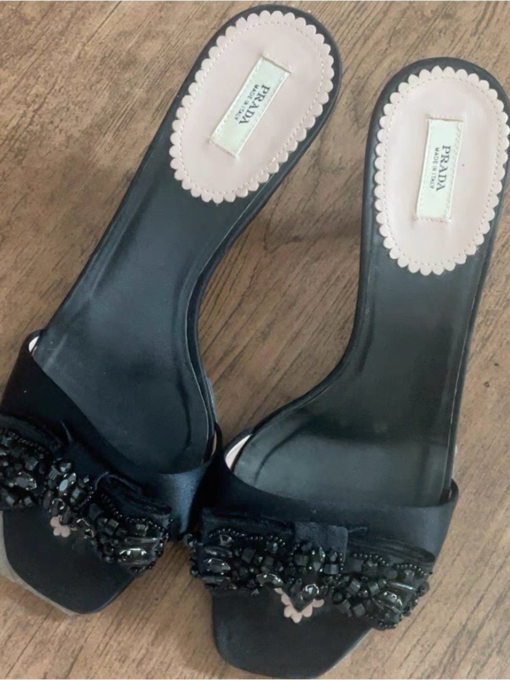 Prada Black Beaded Satin Slide Mules